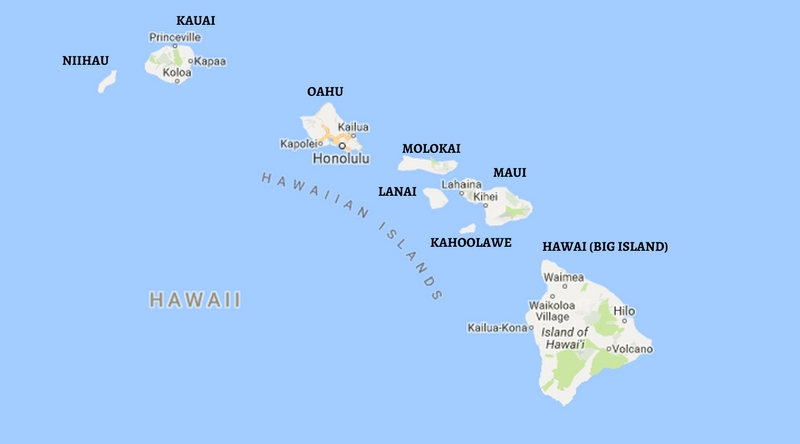 Hawaii - Google map image with all 8 major islands and their names