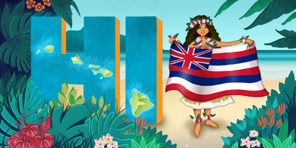 An illustration of eight Hawaiian islands and the state flag