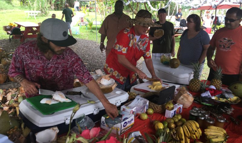 We stopped at the fruit stand, and had a large coconut cut open. We drank the water and then they removed and cut the meat to take home with us.