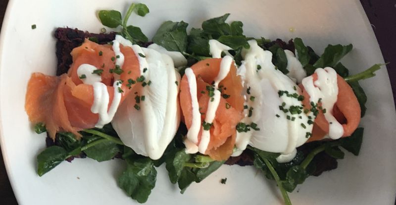 Breakfast in Grand Naniloa - Smoked salmon and poached eggs on the bed of local purple potatoes and local greens
