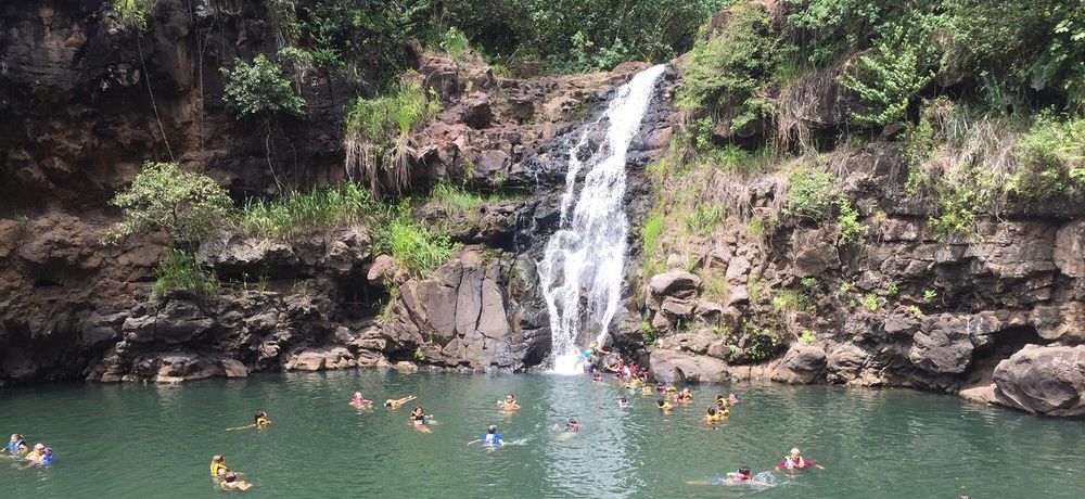 Waimea Falls and the pools - people swimming under the waterfall