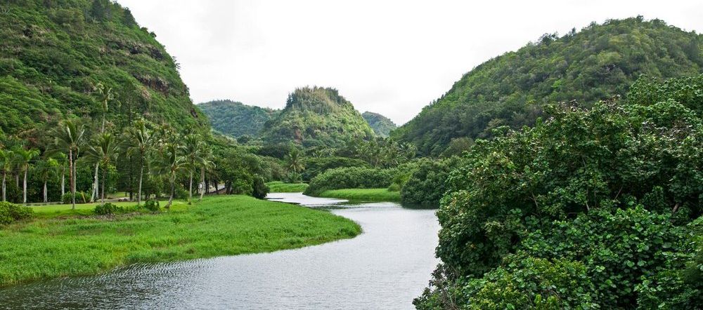 Beautiful view of Waimea Valley with it's river and three mountain ridges