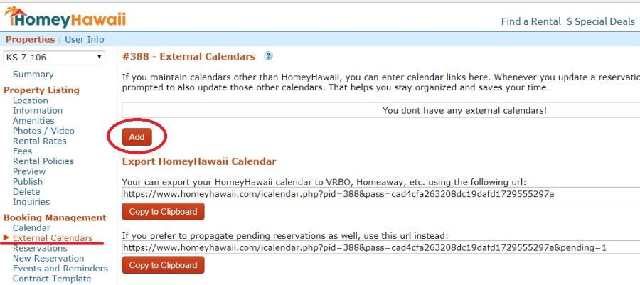 Export VRBO Calendar Step 4: Click External Calendars link on the left, and then click Add button to create the new calendar.