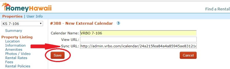 Export VRBO Calendar Step 5: Name the calendar, paste the VRBO export calendar link into Sync URL field, and save