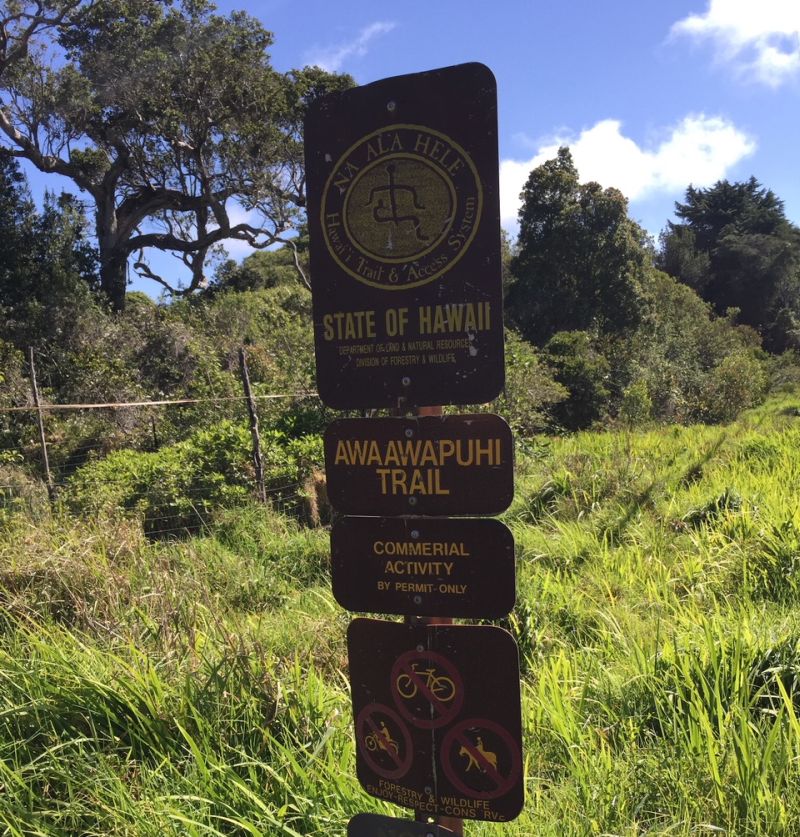 Trailhead and sign of Awa'awapuhi Trail