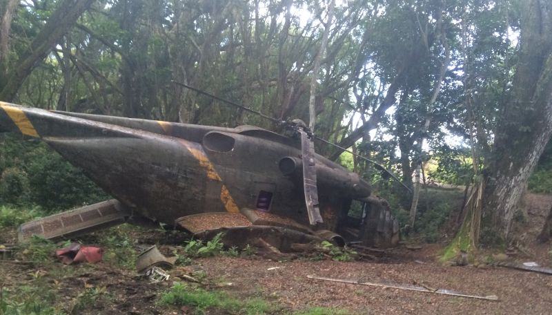 The rusting wreckage of a military chopper in Kong: Skull Island movie
