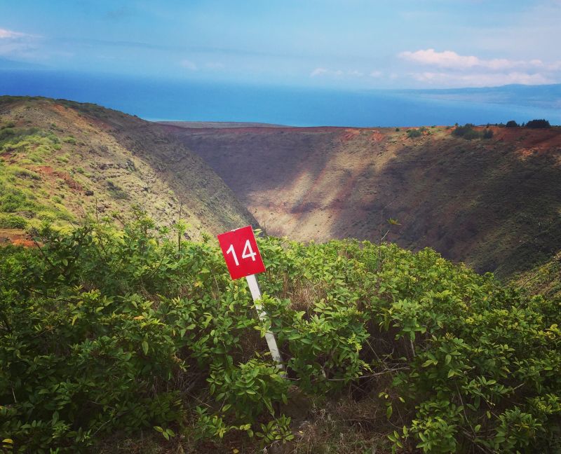 End of Koloiki Ridge trail marked #14 with Maui on the right and Molokai on the left
