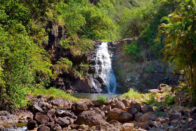 Beautiful tropical waterfall in Waimea Valley park on Oahu island was used as one of the filming locations of TV series Lost