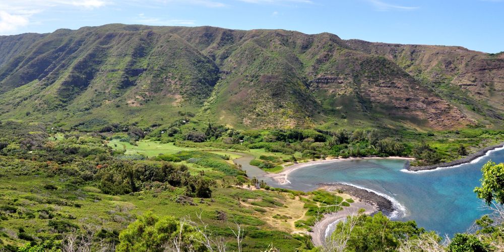 An aerial view of Halawa Bay at the east end of Molokai