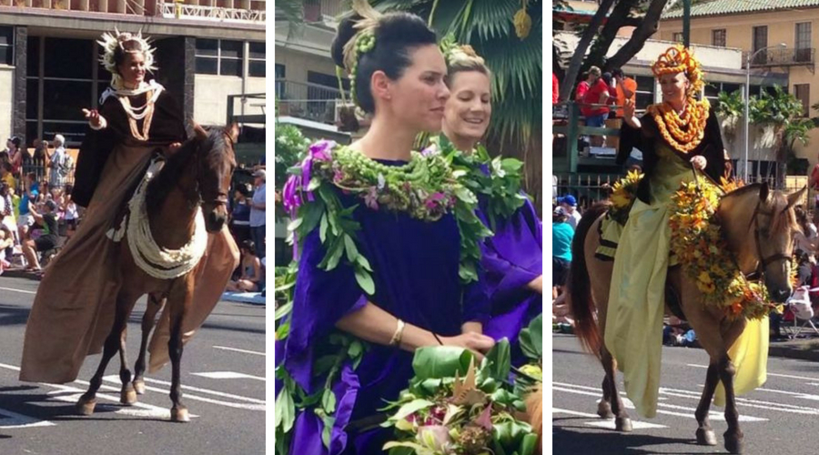 Ladies on horses wearing colorful skirts and flower leis, representing colors and flowers of their island