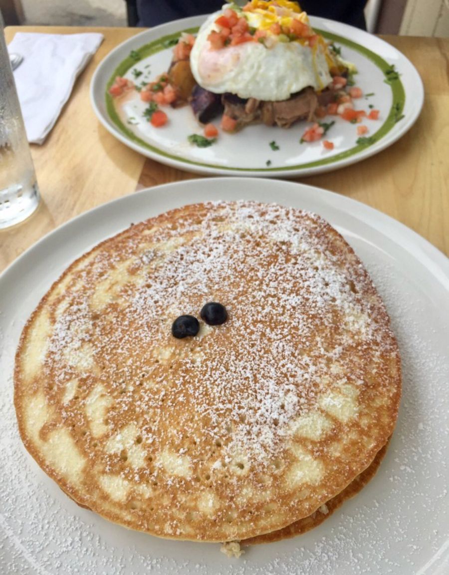 Giant fresh fruit cream cheese pancakes from Over Easy breakfast place on Oahu