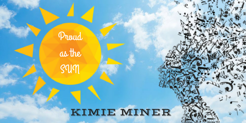Woman's head made of musical notes looking at the sun with the name of Kimie Miner's album 'Proud as the Sun'