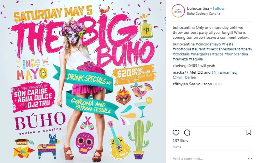 An Instagram post for Cinco de Mayo at Buho Cantina