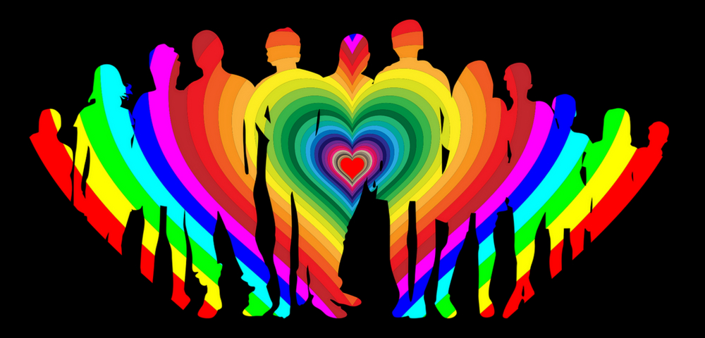 Silhouettes of people, rainbow-colored and with love image in the center
