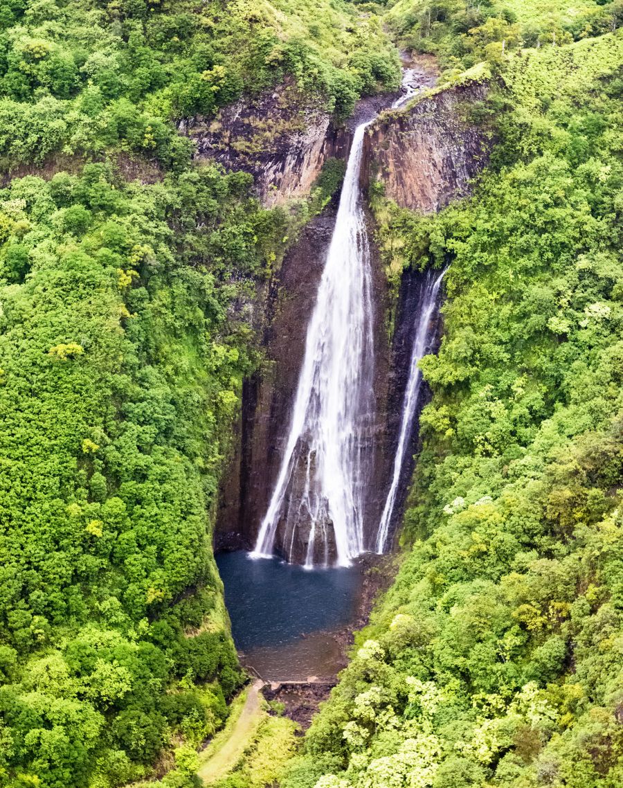 A view of Jurassic Falls. Kauai; aerial view