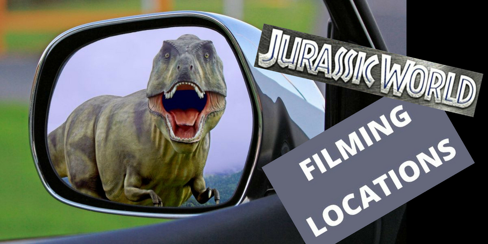 A collage showing a dinosaur's reflection in the car side-view mirror