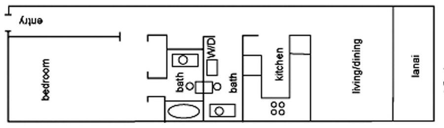 A floor plan of 1-bedroom, 2-bathroom condo in Kamaole Sands Resort, Maui