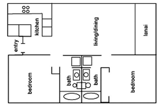 A floor plan of 2-bedroom, 2-bathroom condo in Kamaole Sands Resort, Maui