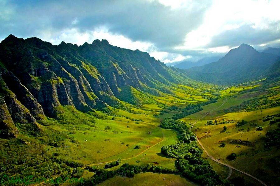 Aerial view of the mountain range and Ka'a'awa Valley of Kualoa Ranch in Oahu