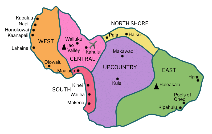 Map of Maui, divided and colored into 6 main parts - Central, West, South, East, North Shore and Upcountry