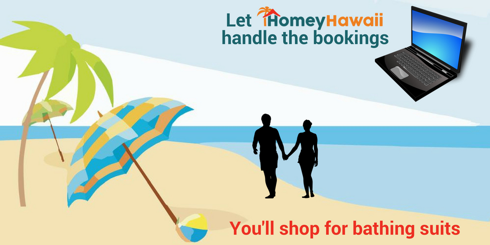 LOwner Guide to Listings and Booking Management. Silhouette of a couple on the beach, and image of laptop with writing "Let HomeyHawaii handle the bookings. You'll shop for bathing suits"