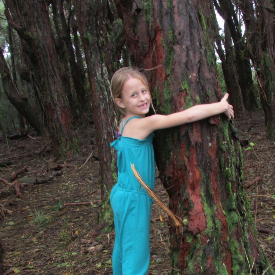 A girl embracing an ironwood tree on the way to Kalaupapa peninsula lookout, Molokai