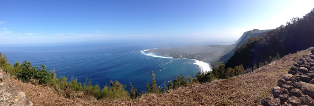 View from high cliffs down to Kalaupapa peninsula in Molokai, Hawaii