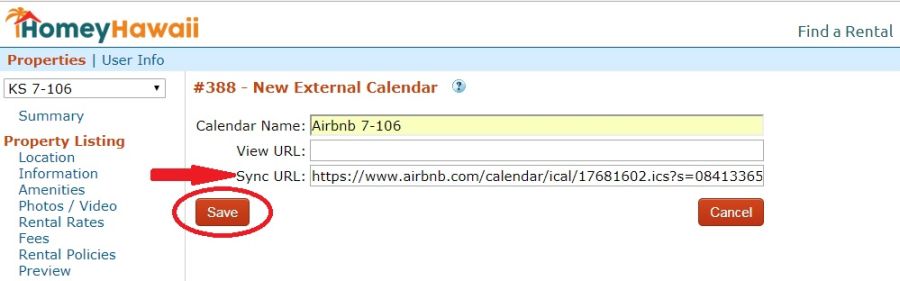 Export Airbnb Calendar Step 6: Name the calendar, paste the Airbnb export calendar link into Sync URL field, and save