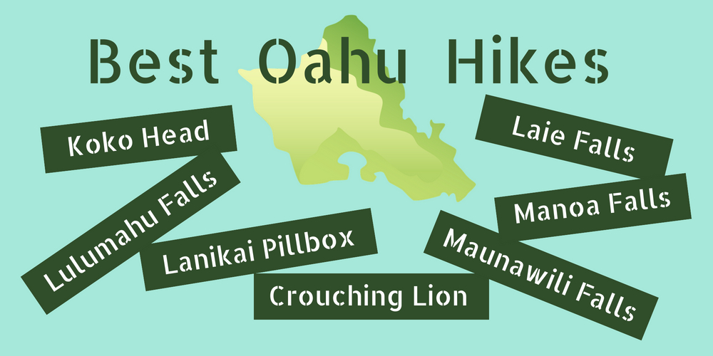 Best Oahu Hikes collage - names of 7 hikes over blue background and the shape of Oahu