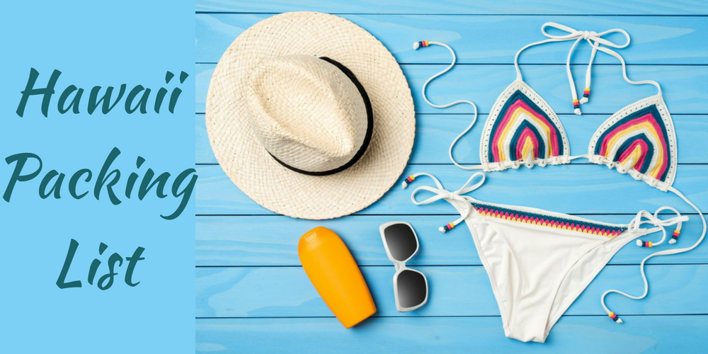 Hawaii Packing List Collage: sunglasses, swimsuit and hat on the blue background