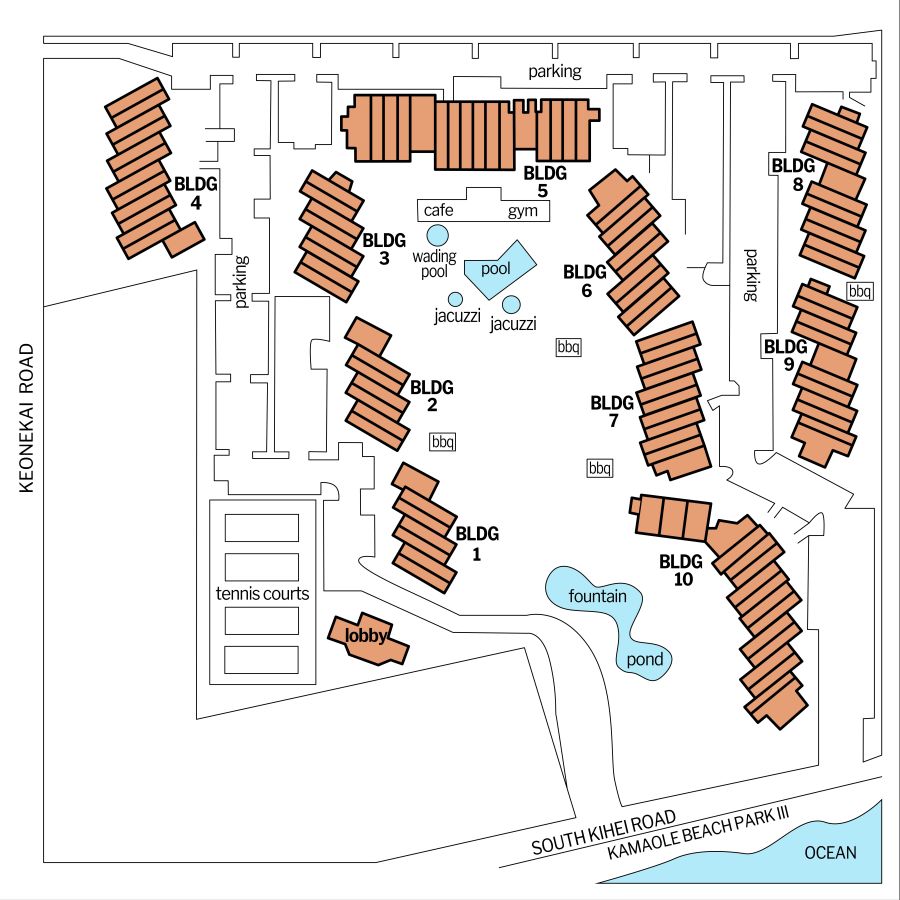 A plan of Kamaole Sands Resort, showing locations of all buildings and facilities