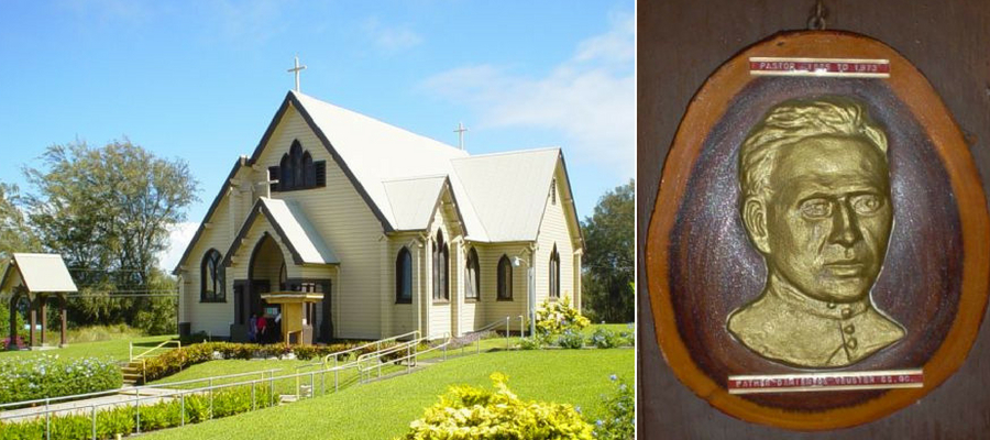 Most Sacred Heart of Jesus Roman Catholic Church in Hāwī, Kohala, the Big Island. Memorial plaque commemorating the 1865-1873 pastorate of Father Damien.