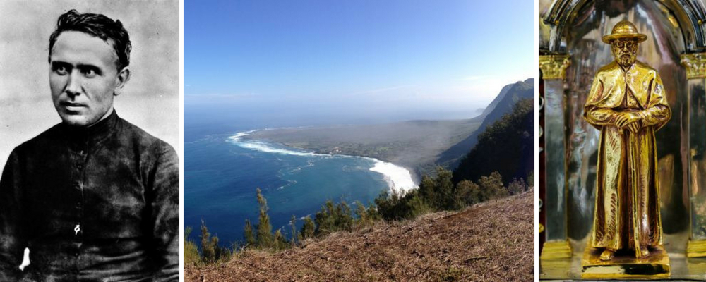 Collage: Father Damien in 1873, Kalaupapa Peninsula view, a statue of Father Damien in Belgium