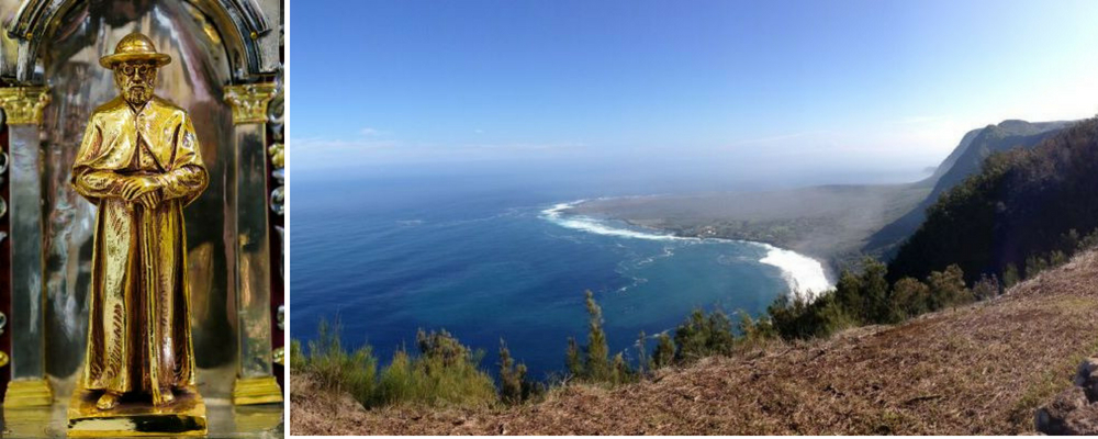 Collage, showing the statue of Father Damien in Belgium and the view on Kalaupapa Peninsula from the overlook on Molokai