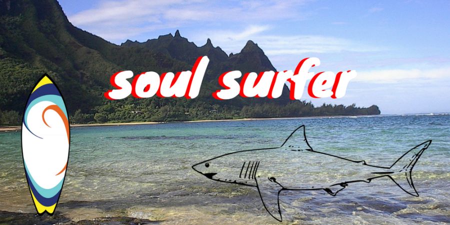 Filmed in Hawaii - Soul Surfer (2011); a collage with a surfboard and a tiger shark shadow in the water of Tunnels Beach, Kauai