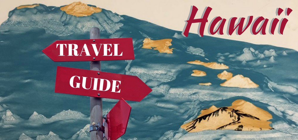 Hawaii Travel Guide: Hawaiian islands in 3D, and a sign post saying "Travel Guide"