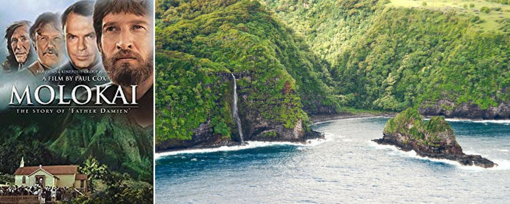 Collage, showing the DVD cover of the movie "Molokai; The Story or Father Damien", and the teep green Pali cliffs on Molokai