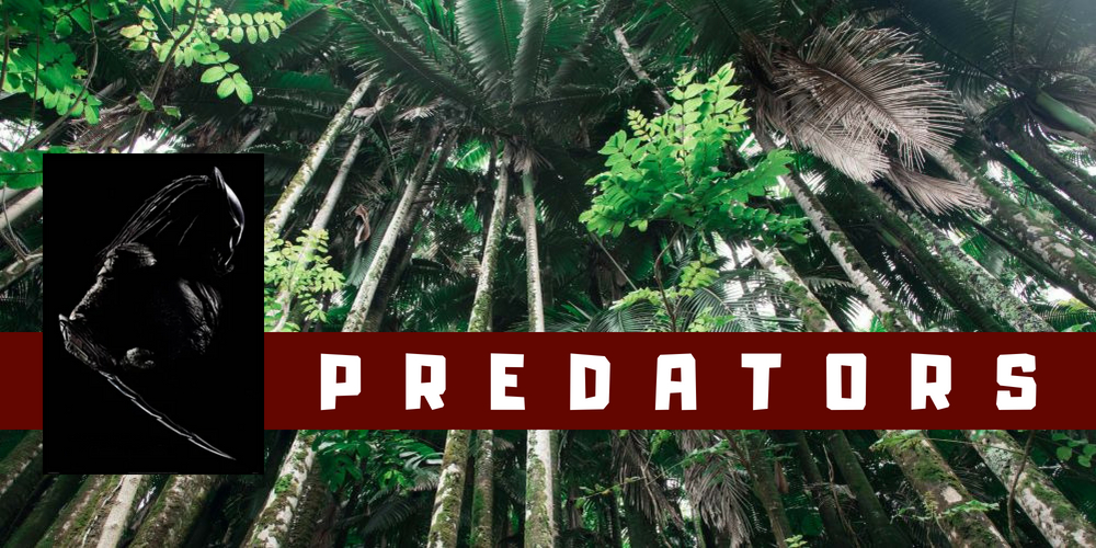 Collage for Predators: Alien silhouette on the dense tropical forest background