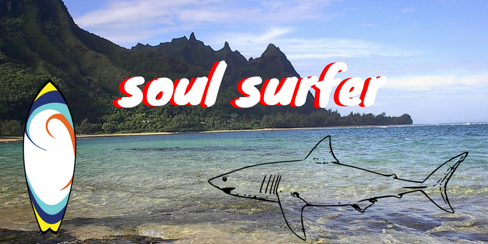 Collage for Soul Surfer: Tunnels beach in Kauai serves as background; surfboard and shark silhouette symbolise the events of the story