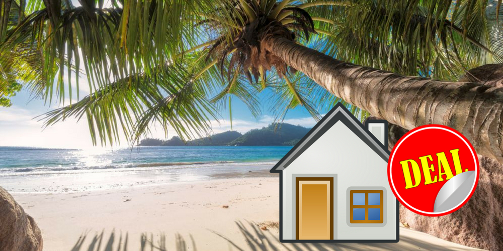 Vacation Rental Deals - a collage, shoing a house on a tropical beach with a round Deal tag