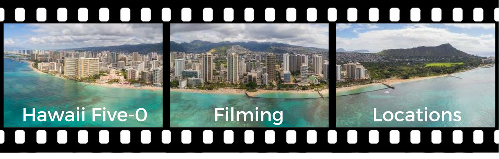 Hawaii Five-0 filming locations collage, with the aerial panorame of Oahu set in a film frame