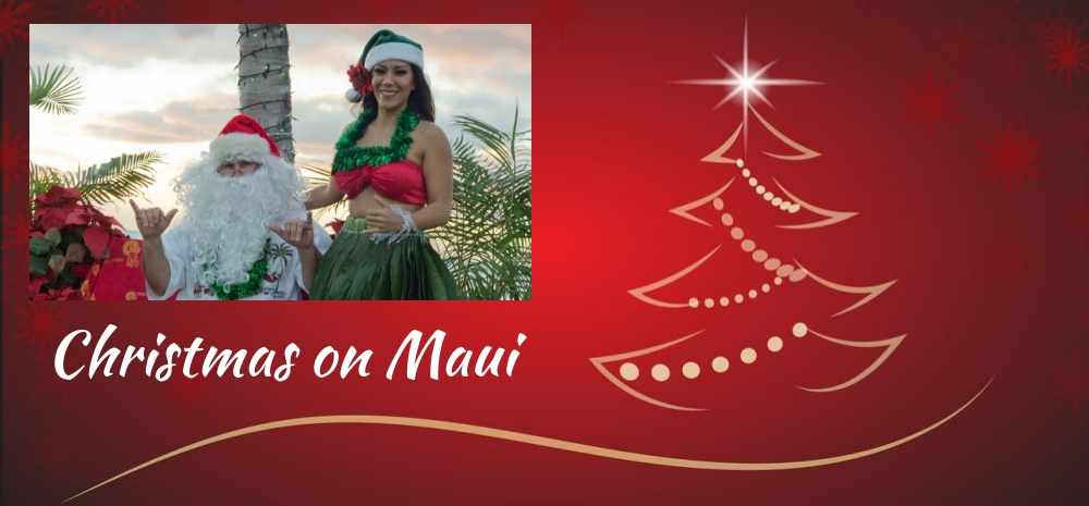 Christmas on Maui: a collage with a photo of Santa Claus and Hawaiian hula girl