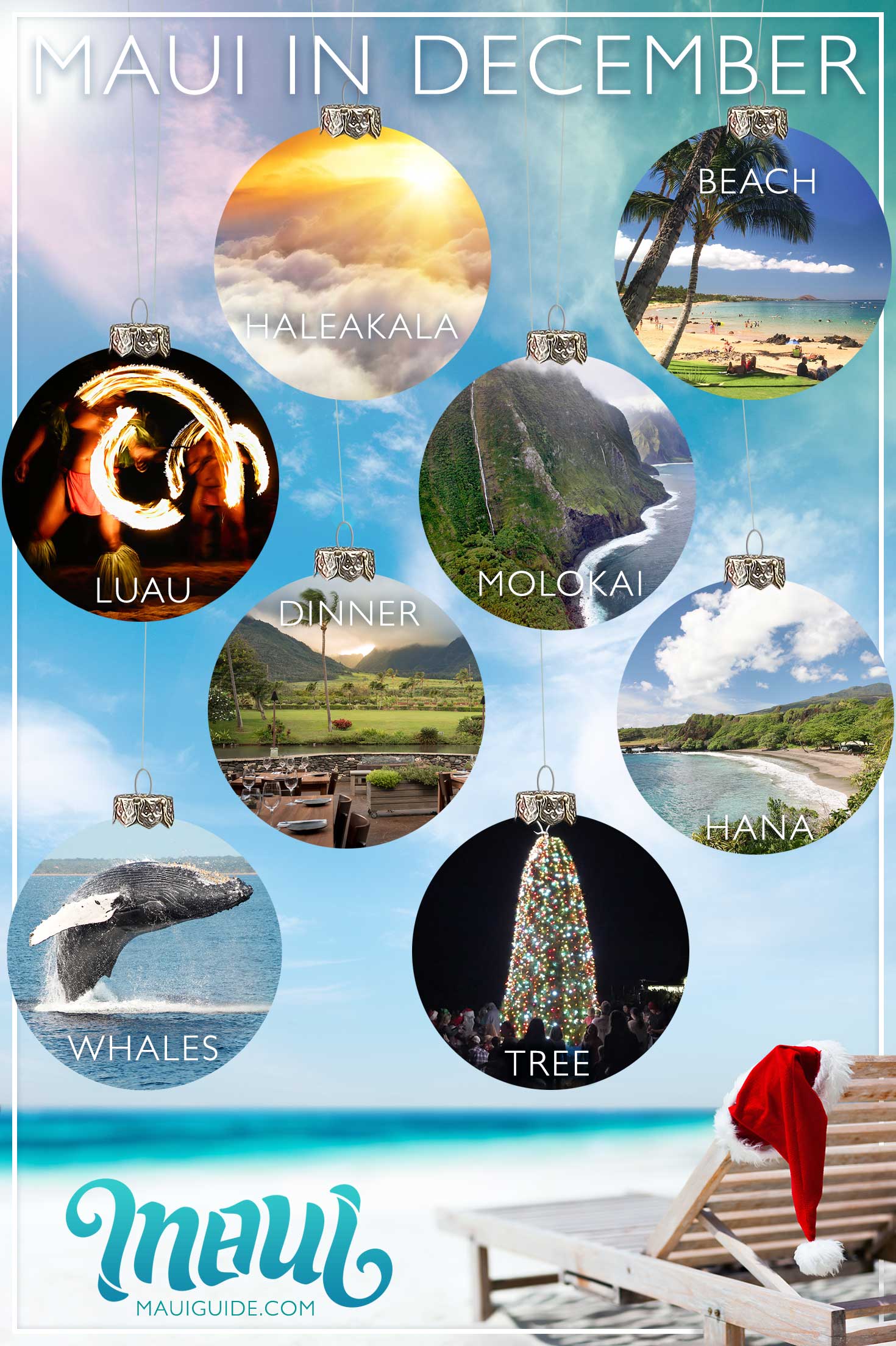Maui in December Infographic: 8 Chrismas ornaments corresponding to 8 things to do in December on Maui
