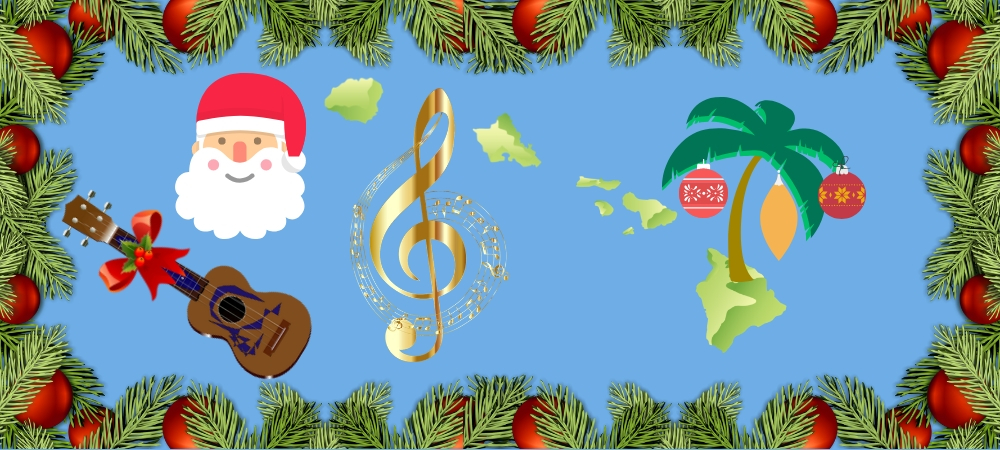 Hawaiian Christmas Music: Santal, ukulele, clef, palm tree, Christmas ornaments, Hawaiian islands