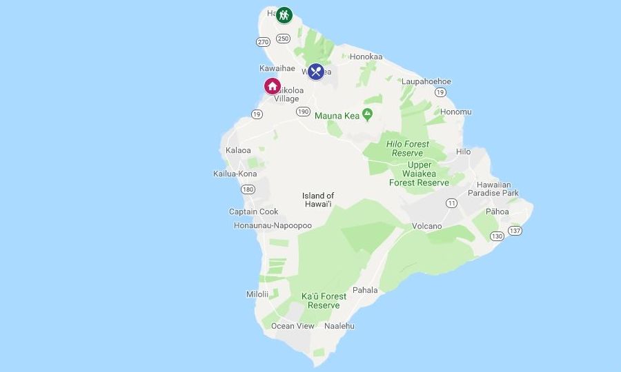 The map showing our rental cottage in Puako and locations og Kohala Waterfalls and Merriman's Restaurant Big Island