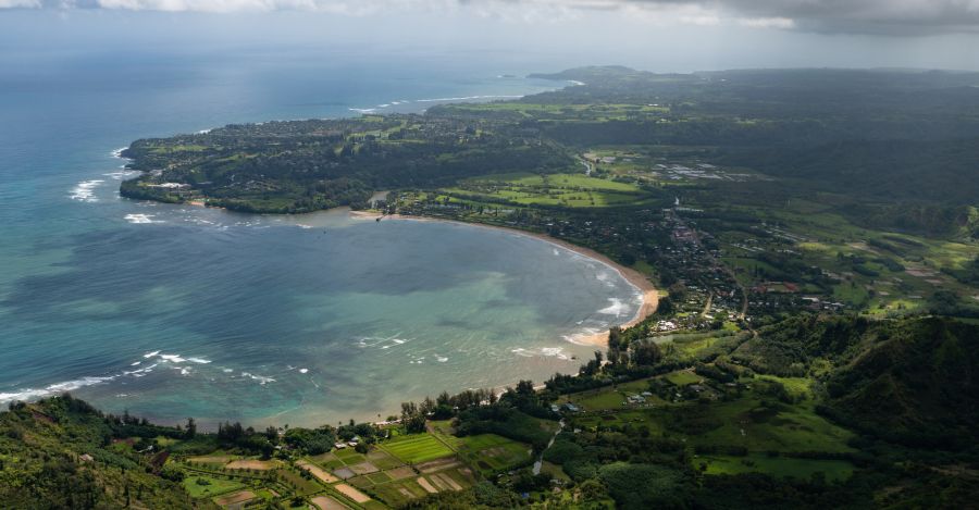 Aerial view on crescent-shaped Hanalei Bay