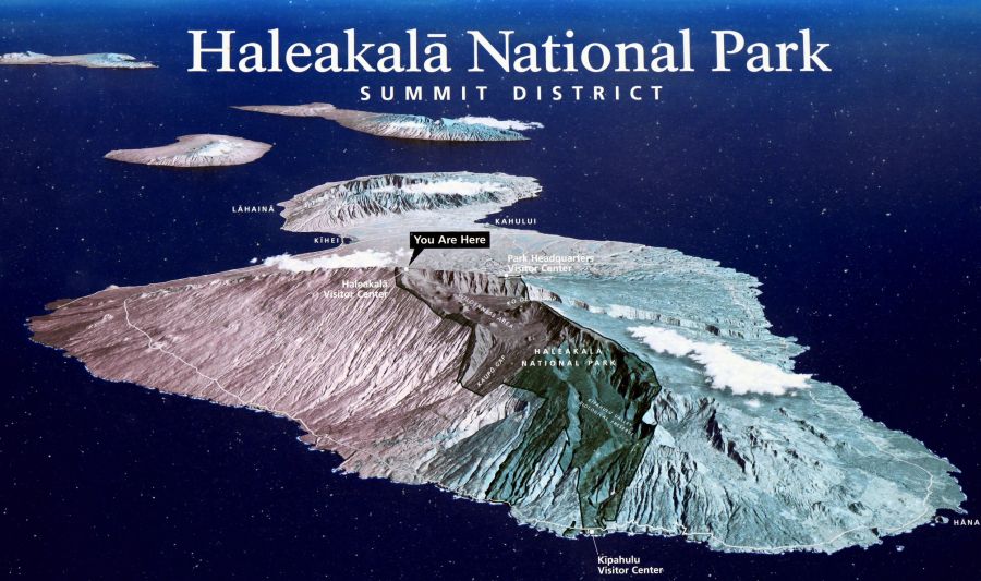 Haleakala National Park poster, showing Maui in 3-D and the location of the Visitor Center on Haleakala