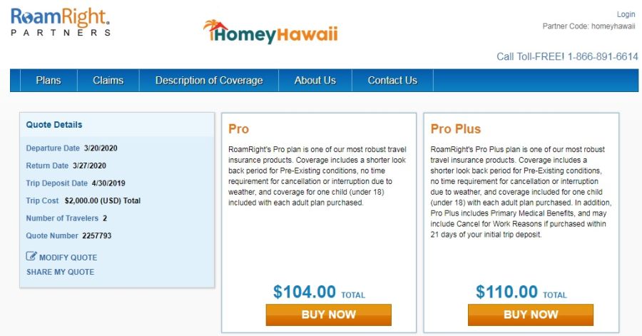 RoamRight travel insurance quote for 2 adults in March 2020