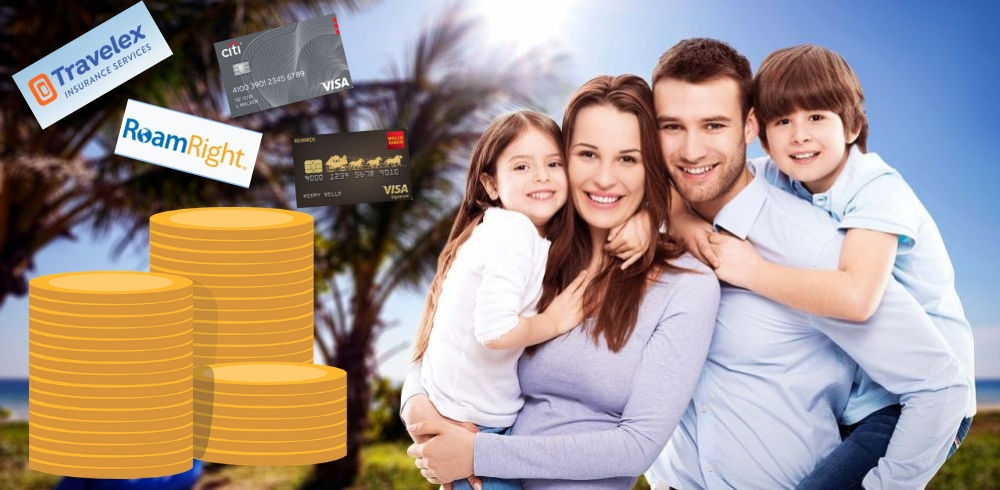 Happy family of four in Hawaii; money savings stack; credit cards and travel companies logos