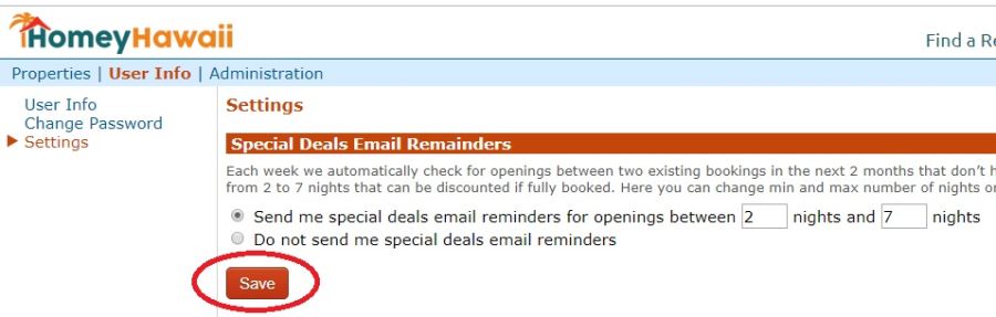 Modify settings for Special Deals Email Reminders and save